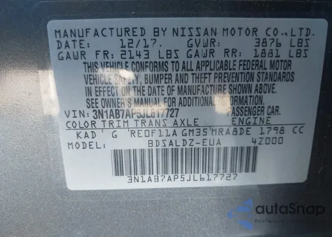 2018 Nissan Sentra Sv z USA, uszkodzony, nr VIN 3N1AB7AP5JL617727